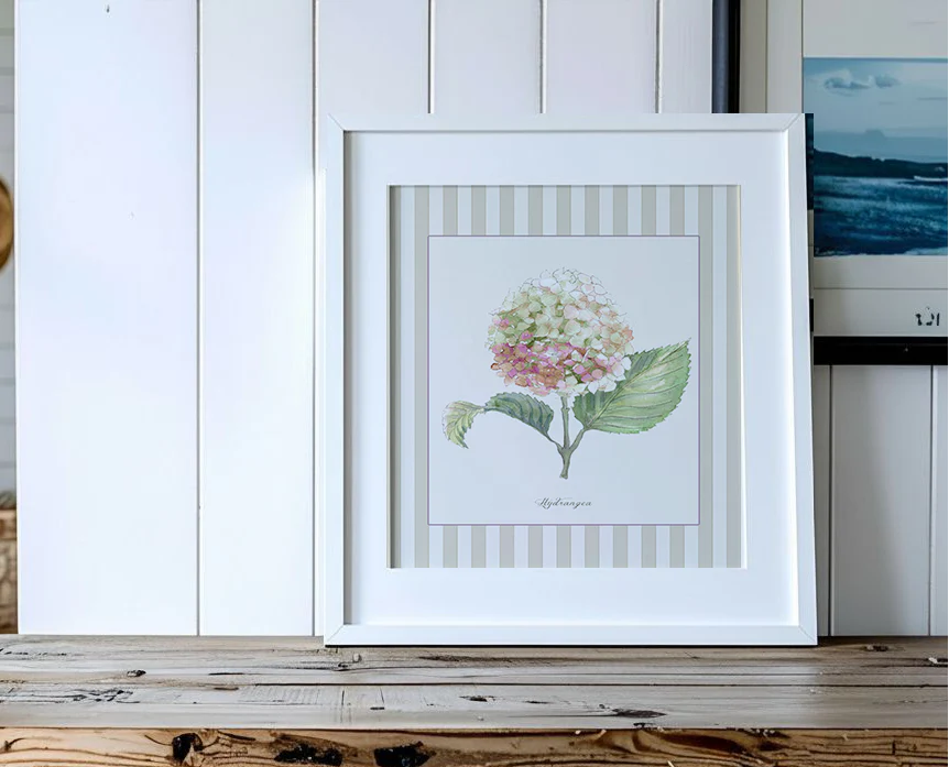 Hydrangea Watercolor Print on Striped Background - Image 2