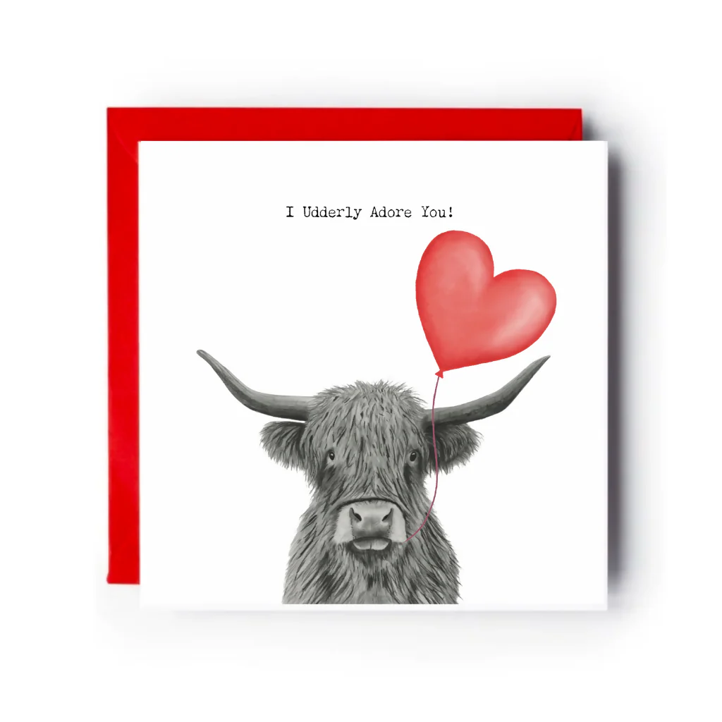 I Udderly Adore You Highland Cow Heart Balloon Card – Cute Romantic Valentine & Love Card - Image 2