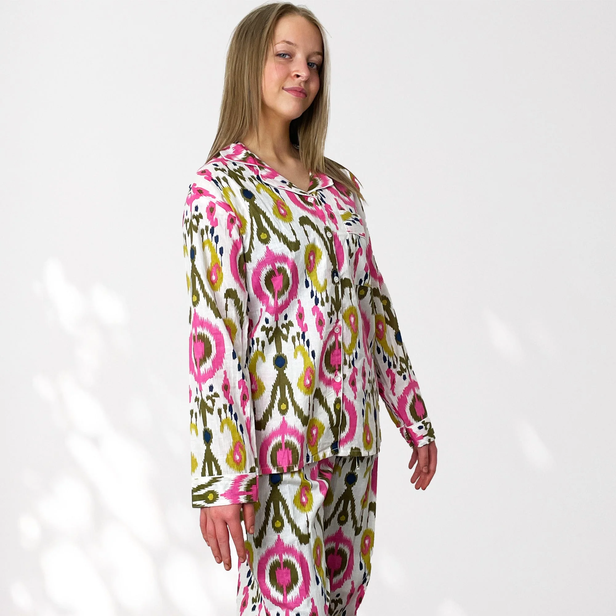Ikat Print 100% Cotton Long Pyjama Set in White and Print - Image 2