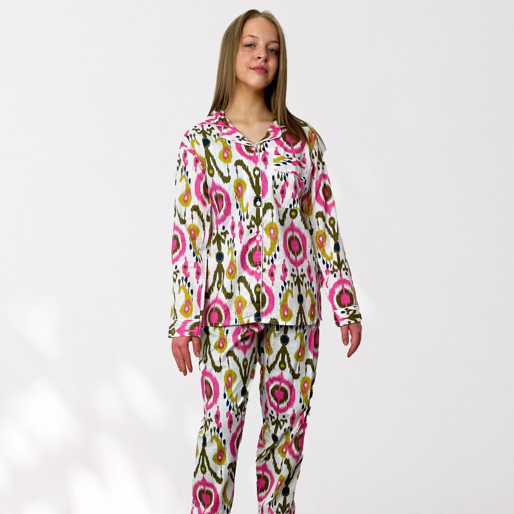 Ikat Print 100% Cotton Long Pyjama Set in White and Print - Image 3