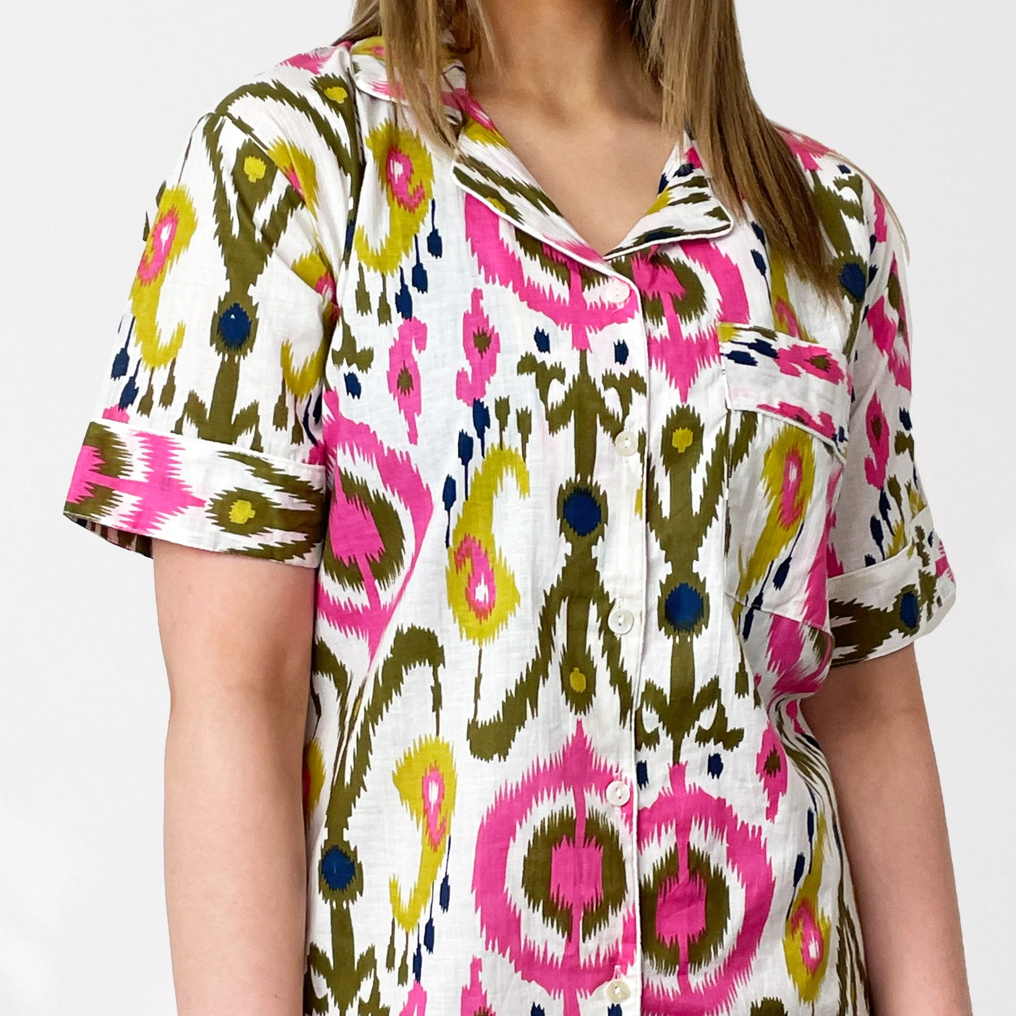 Ikat Print 100% Cotton Short Pyjama Set in White and Print - Image 3