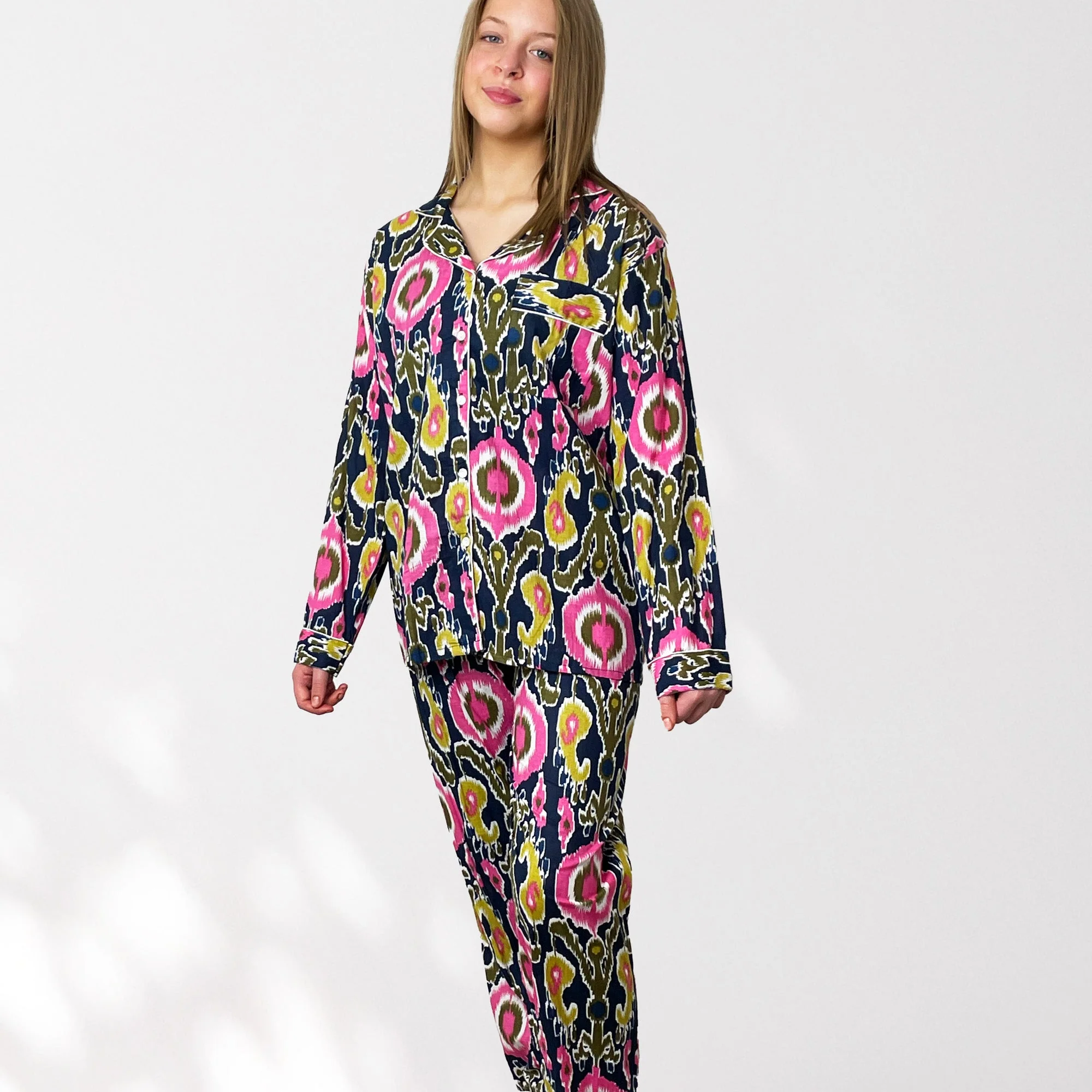 Ikat Print Cotton Long Pyjama Set in Navy Blue and Pink