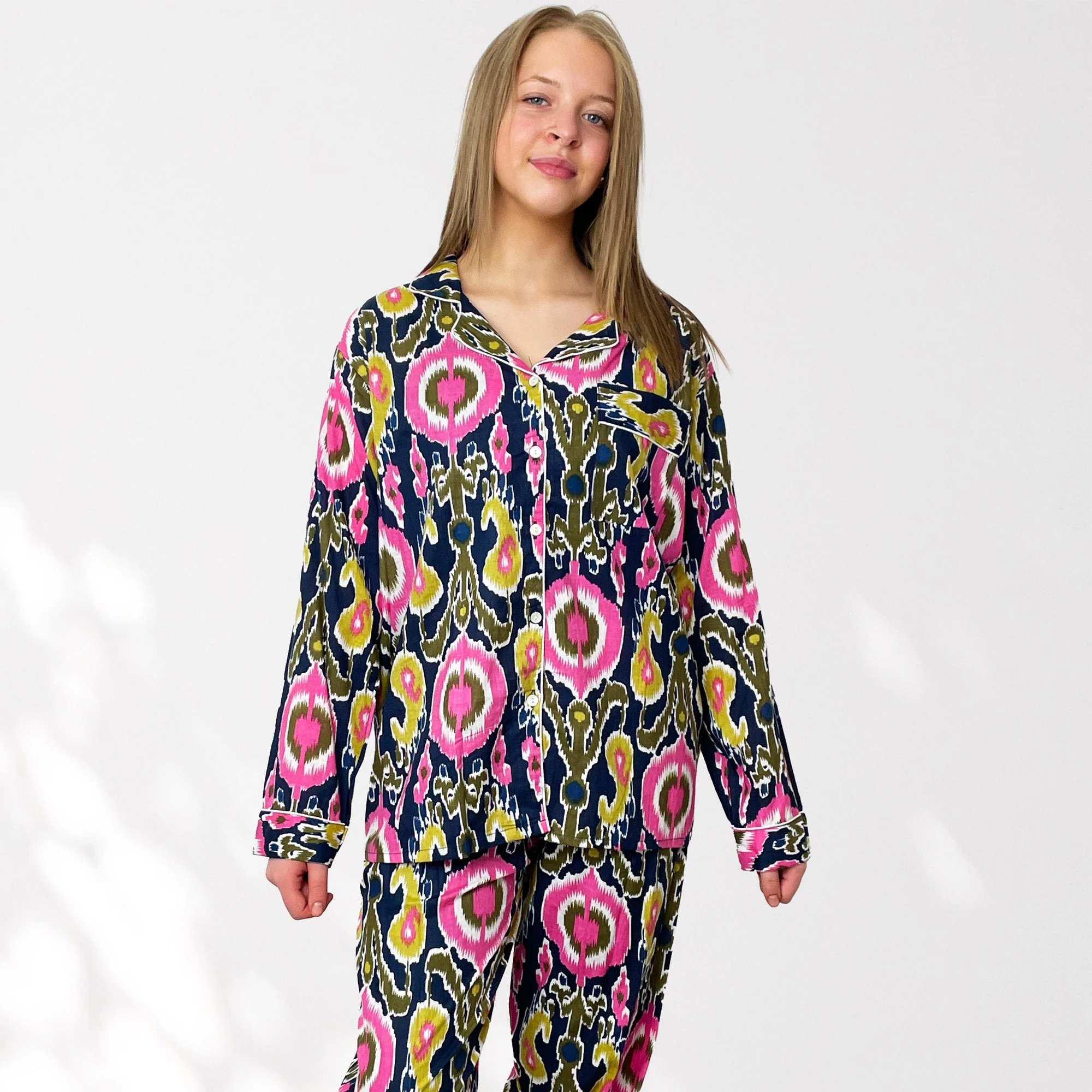 Ikat Print Cotton Long Pyjama Set in Navy Blue and Pink - Image 2