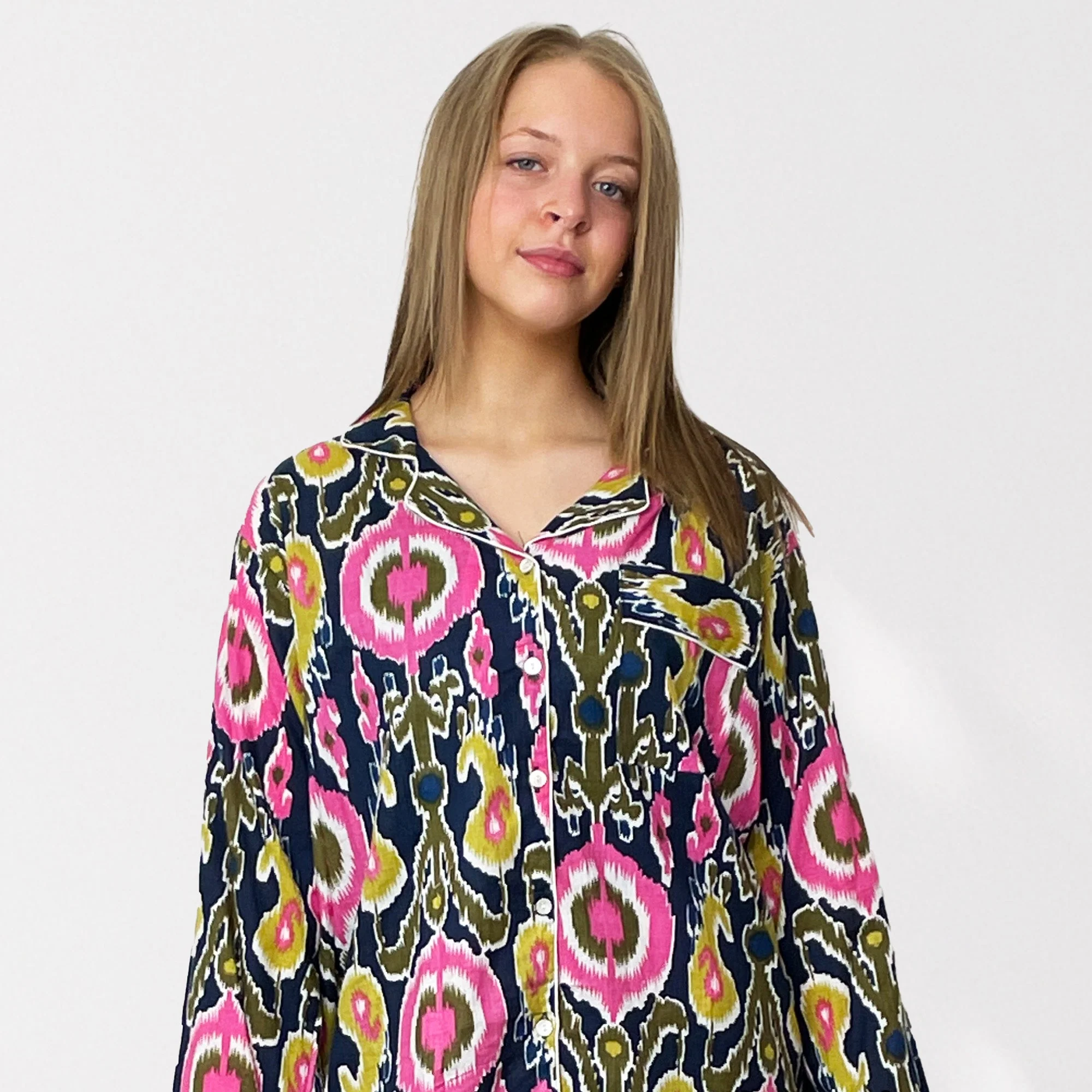 Ikat Print Cotton Long Pyjama Set in Navy Blue and Pink - Image 5