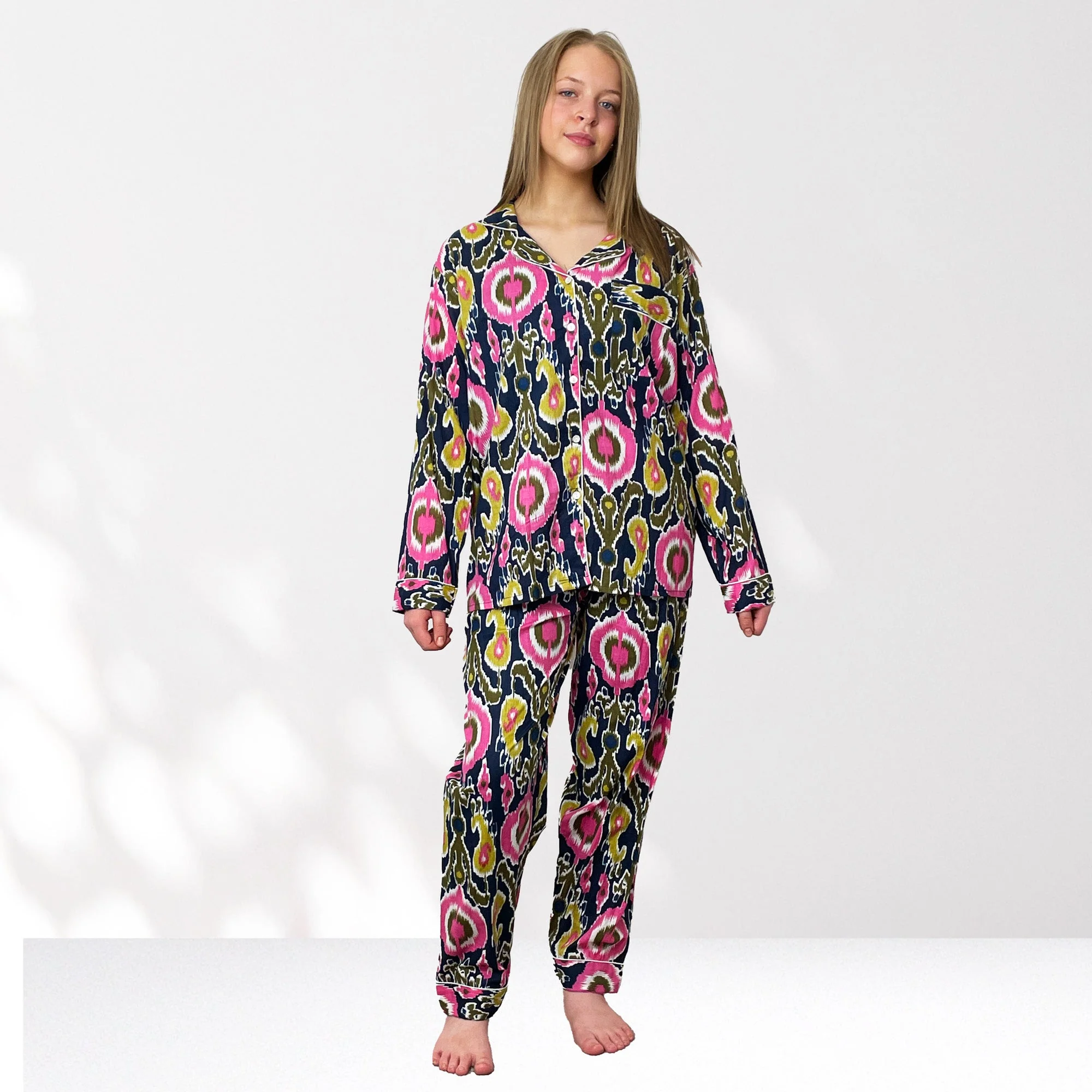 Ikat Print Cotton Long Pyjama Set in Navy Blue and Pink - Image 6