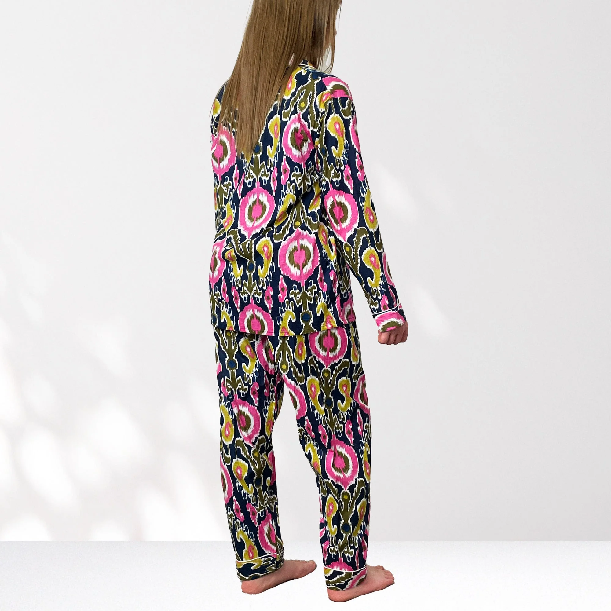 Ikat Print Cotton Long Pyjama Set in Navy Blue and Pink - Image 7