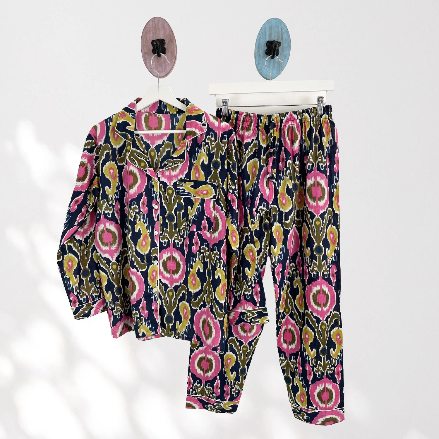 Ikat Print Cotton Long Pyjama Set in Navy Blue and Pink - Image 8