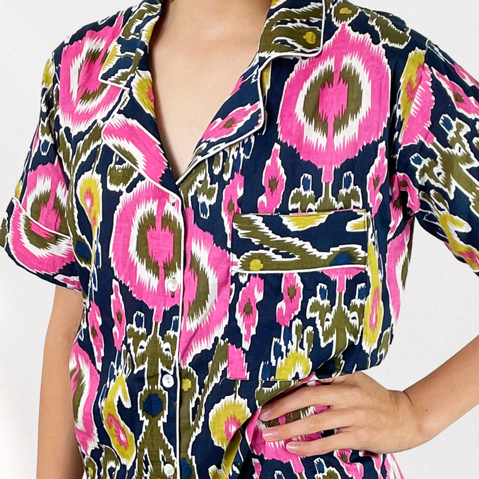 Ikat Print Cotton Short Pyjama Set in Navy Blue and Pink - Image 4