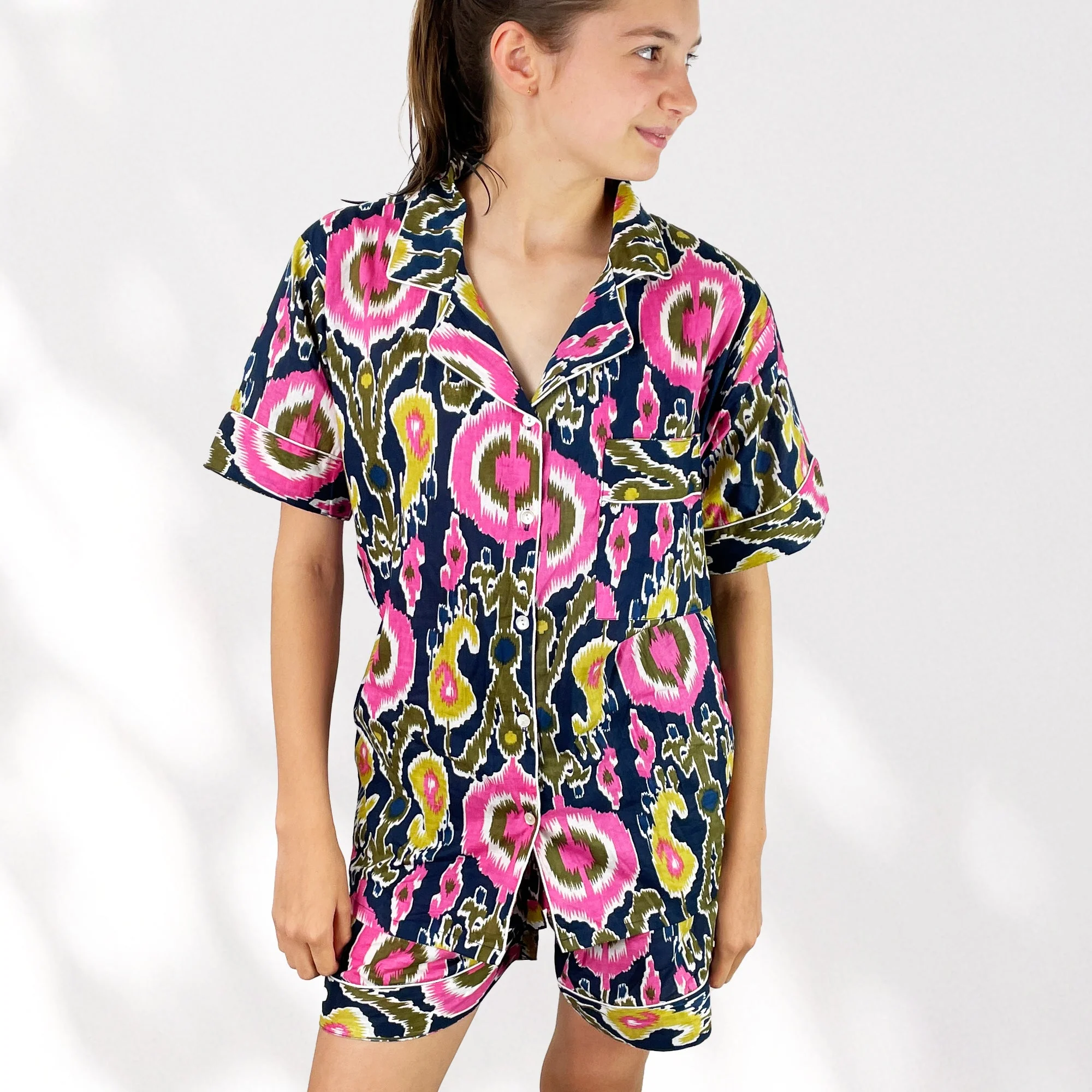 Ikat Print Cotton Short Pyjama Set in Navy Blue and Pink - Image 5