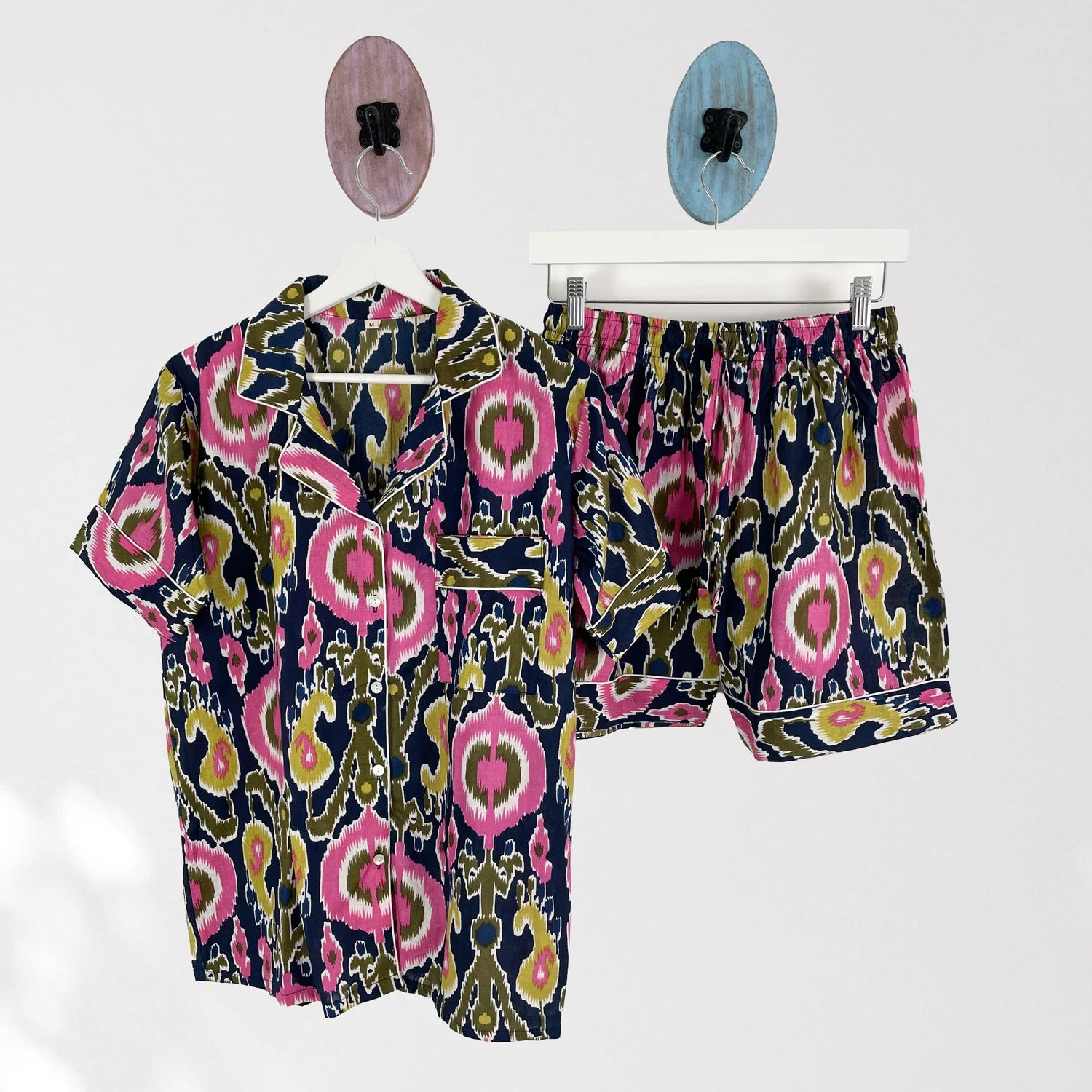 Ikat Print Cotton Short Pyjama Set in Navy Blue and Pink - Image 7