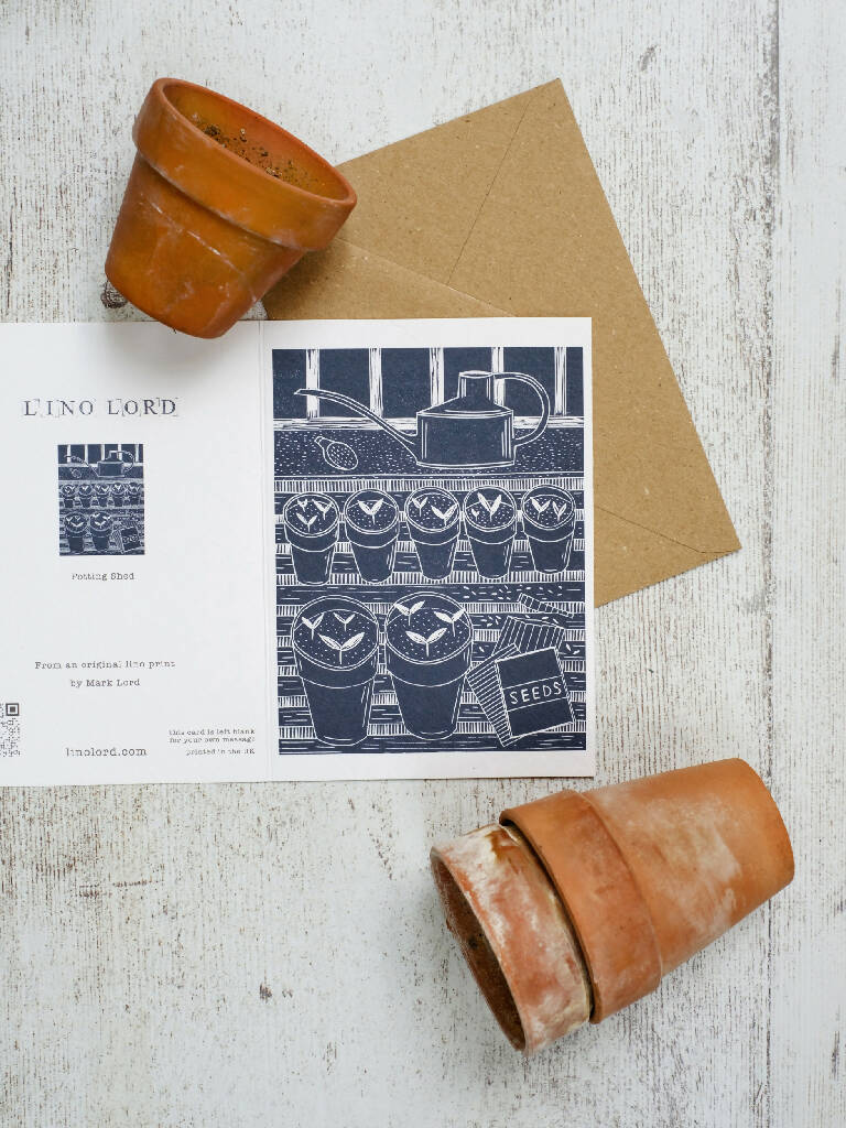 In the Potting Shed A6 Lino Print Greeting Card - Image 2