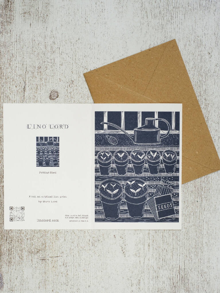In the Potting Shed A6 Lino Print Greeting Card - Image 3