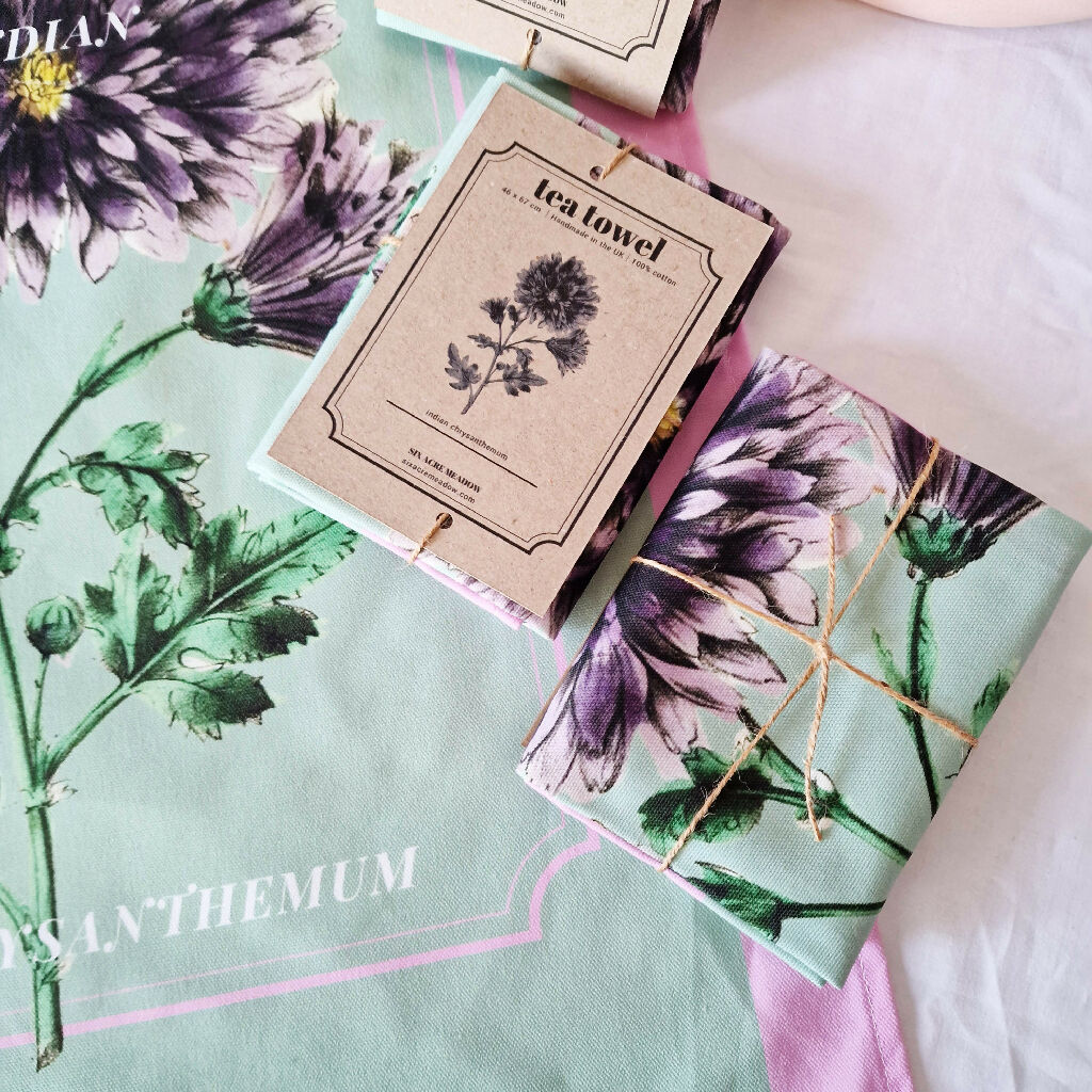 Indian Chrysanthemum Print Cotton Tea Towel in Pink and Green - Image 3