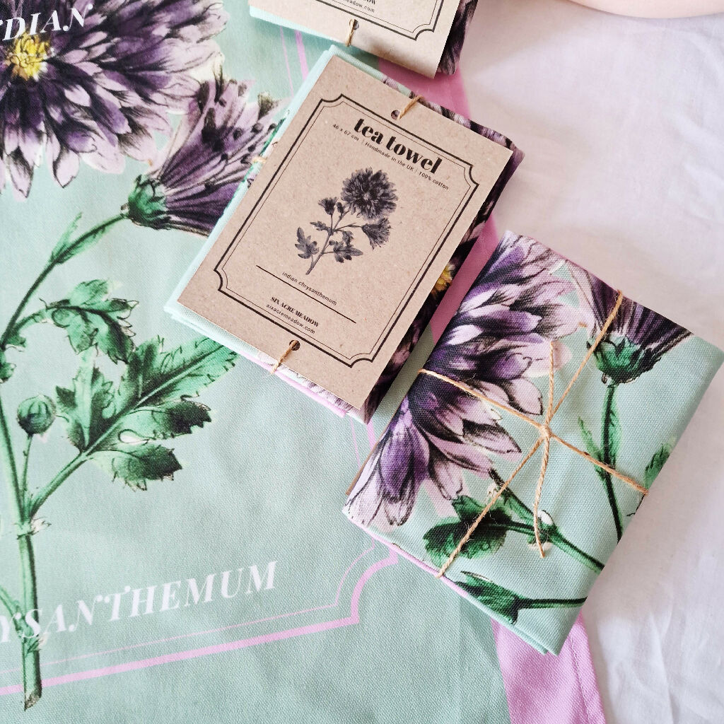 Indian Chrysanthemum Print Cotton Tea Towel in Pink and Green - Image 5