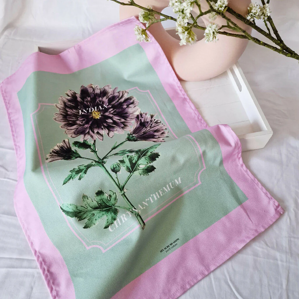 Indian Chrysanthemum Print Cotton Tea Towel in Pink and Green - Image 6