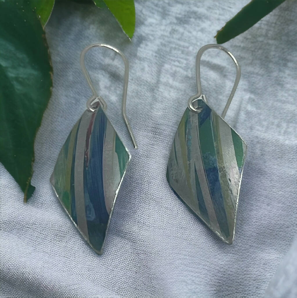 Iris Inspired Green and Blue Stripe Aluminium Earrings - Image 2