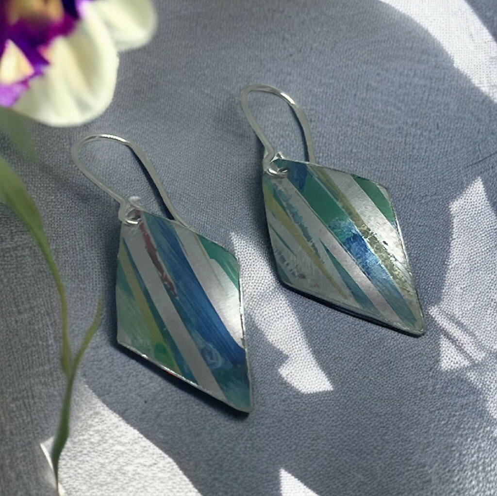 Iris Inspired Green and Blue Stripe Aluminium Earrings - Image 4