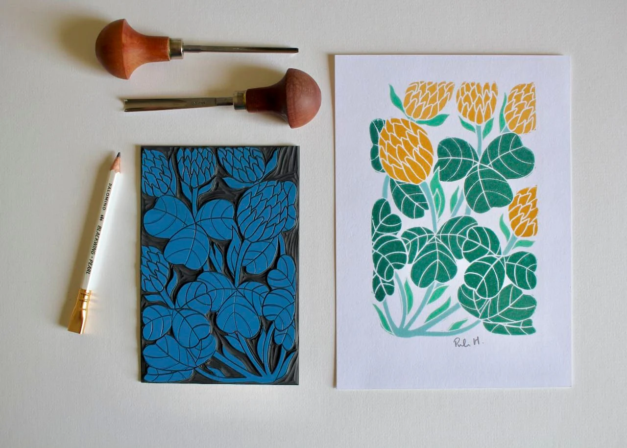 Irish Shamrock Clover Linocut Art Print / Irelands National Flower | A5 or A4 Wall Art on Cotton Paper - Image 2