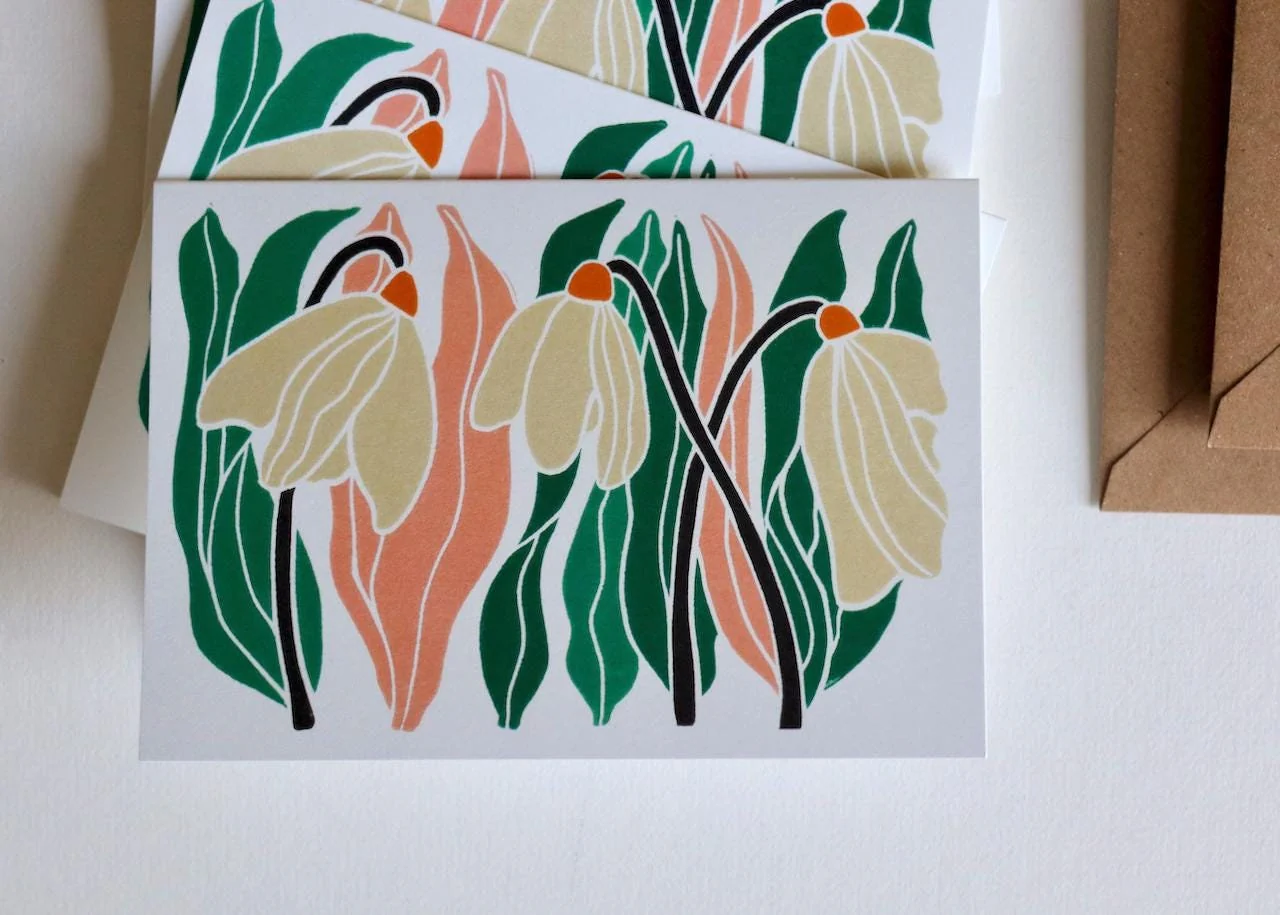 January Snowdrops Linocut Notecards | Set of 8 Notecards & Envelopes - Image 2