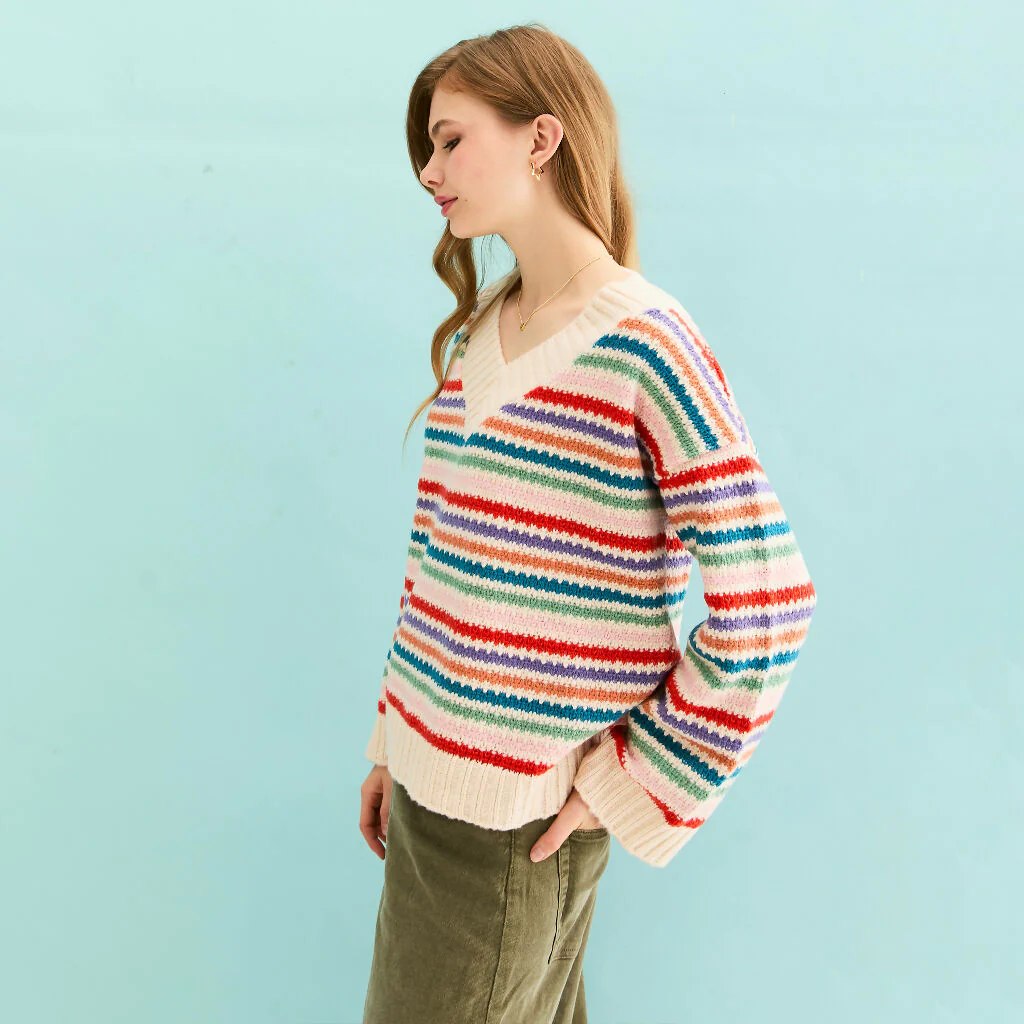 Jasmine Wide Sleeve V Neck Striped Jumper - Off White - Image 11