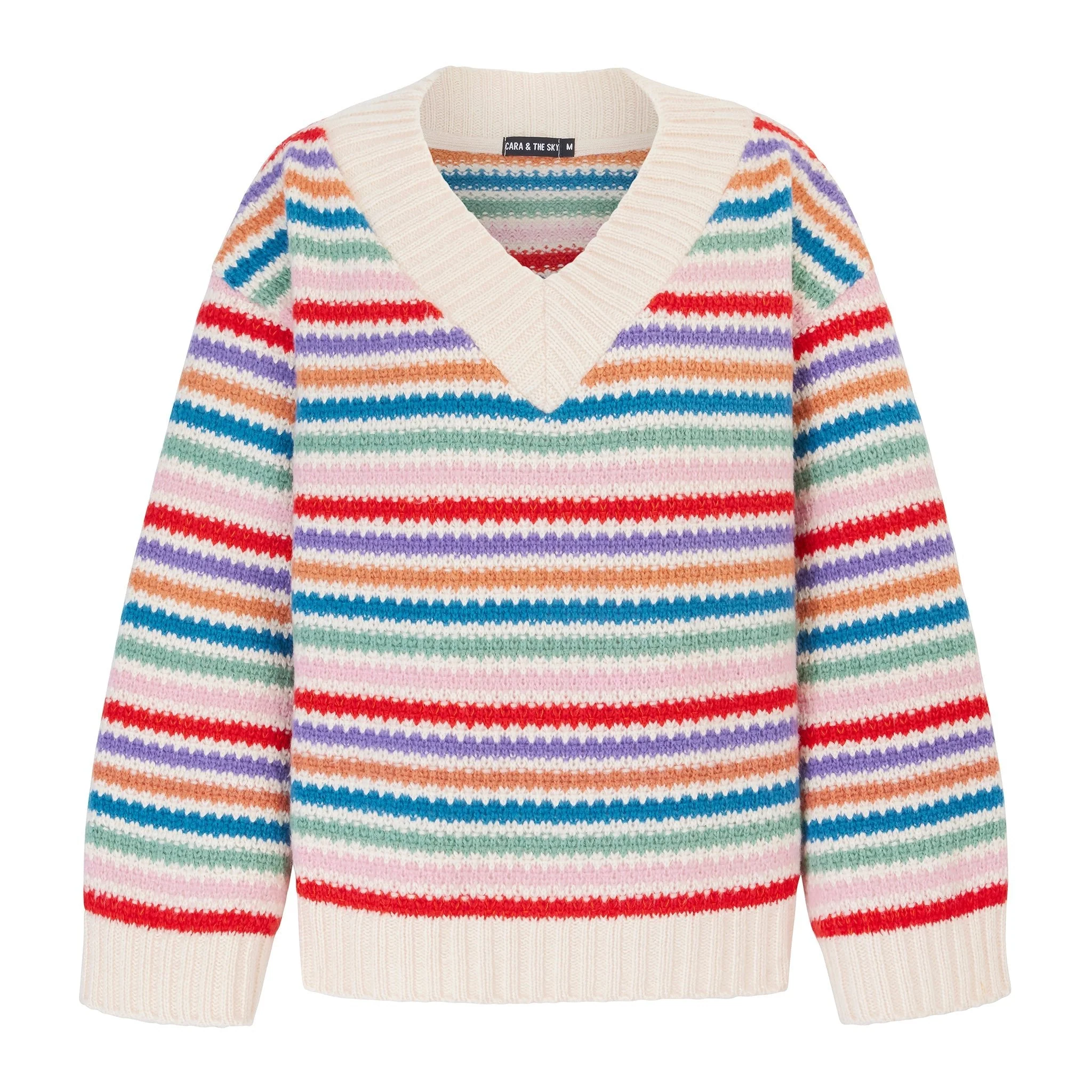 Jasmine Wide Sleeve V Neck Striped Jumper - Off White - Image 3