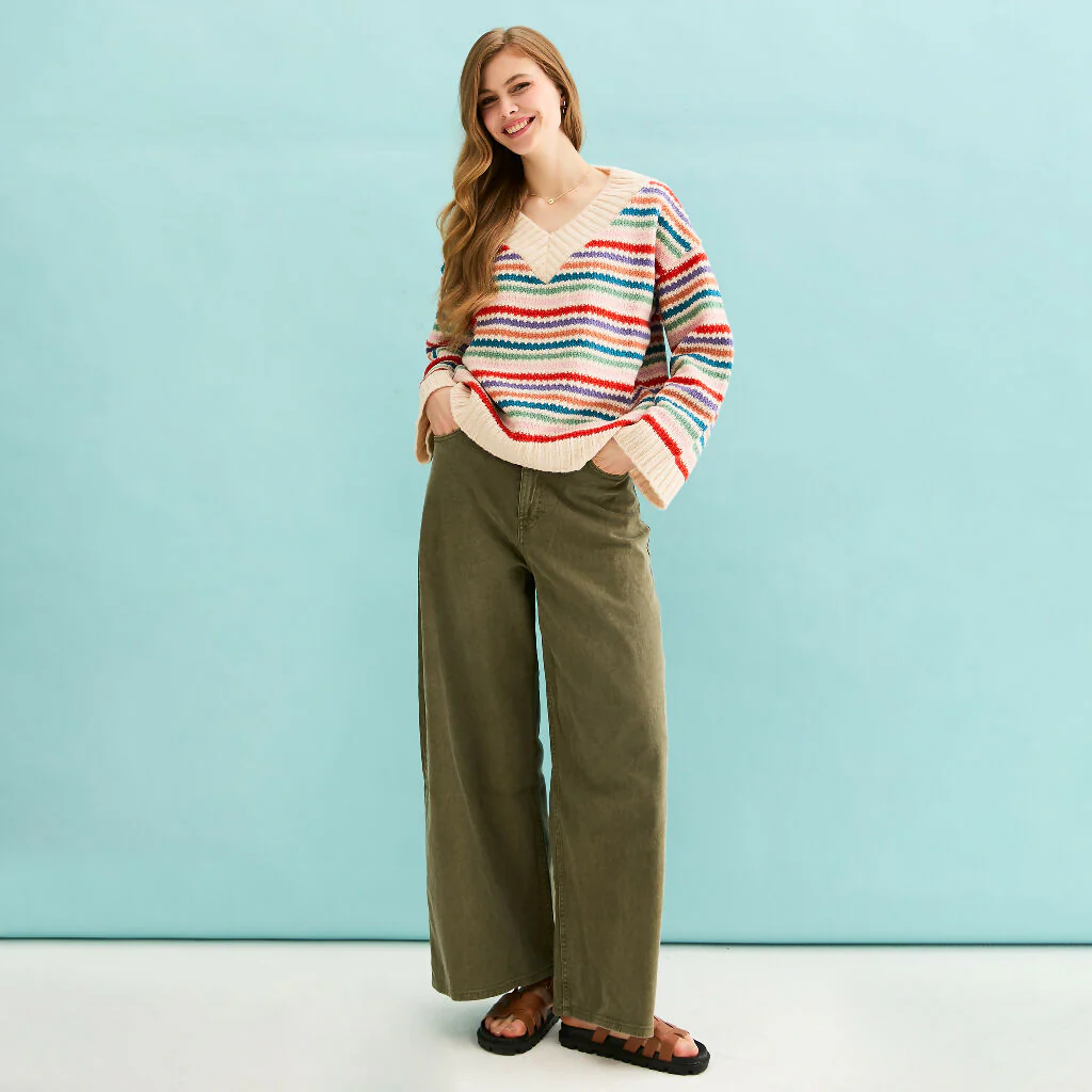 Jasmine Wide Sleeve V Neck Striped Jumper - Off White - Image 7