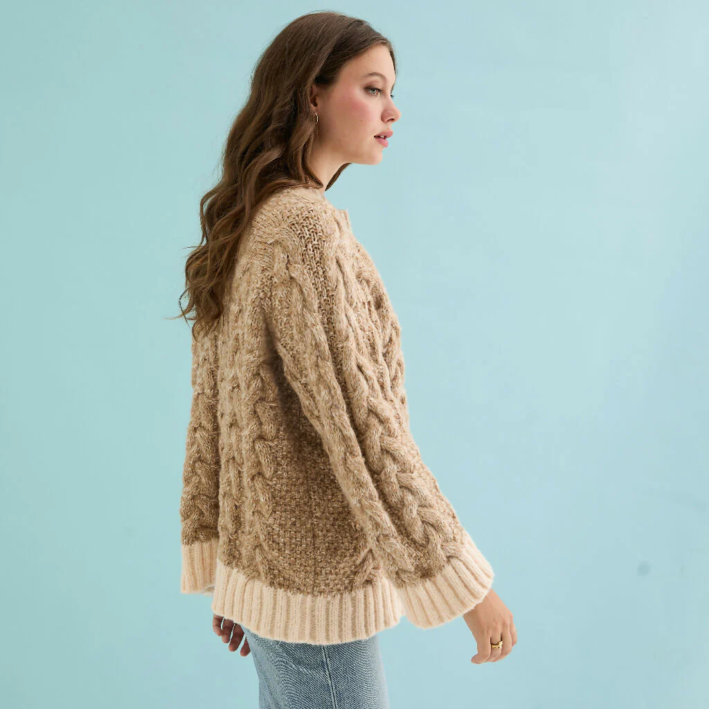 Jennie Cable High Neck Balloon Sleeve Jumper - Beige - Image 3