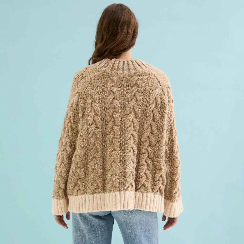 Jennie Cable High Neck Balloon Sleeve Jumper - Beige - Image 4