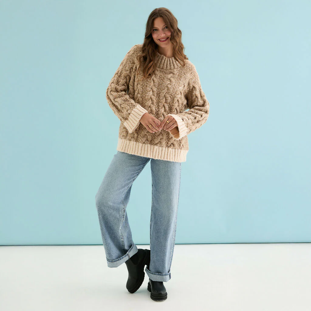 Jennie Cable High Neck Balloon Sleeve Jumper - Beige - Image 5