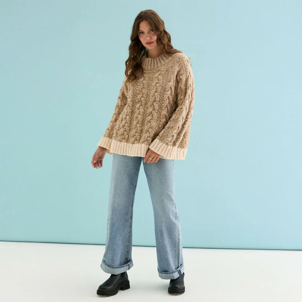 Jennie Cable High Neck Balloon Sleeve Jumper - Beige - Image 6