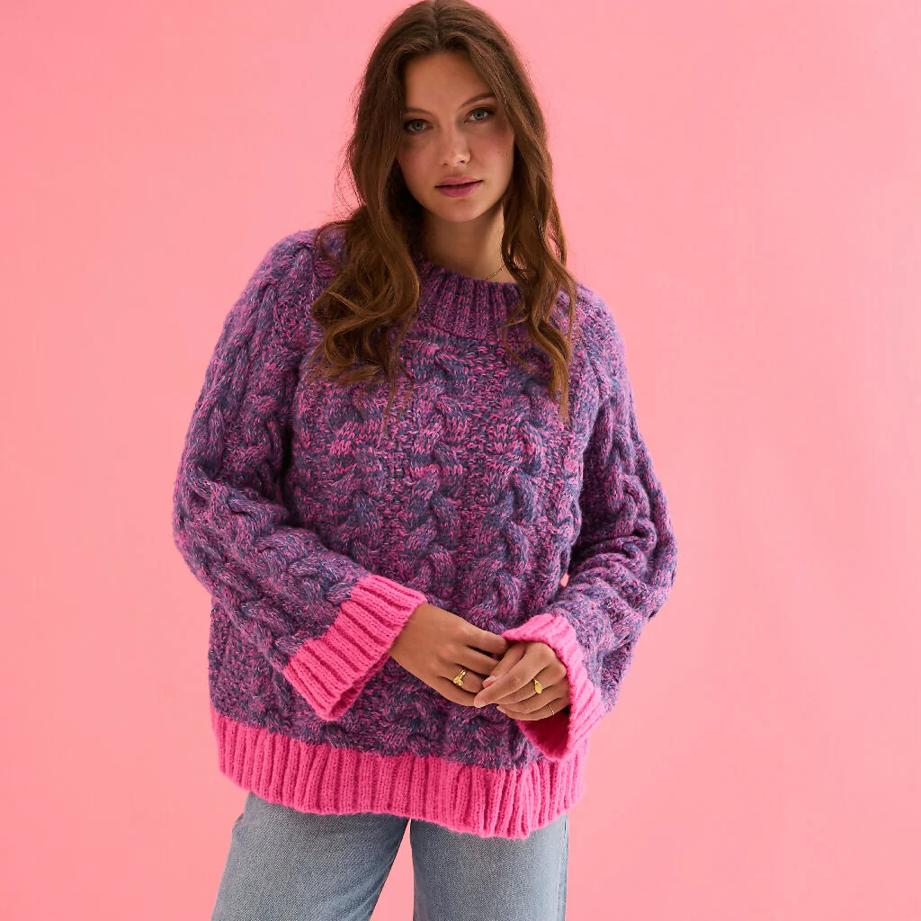 Jennie Cable High Neck Balloon Sleeve Jumper - Denim
