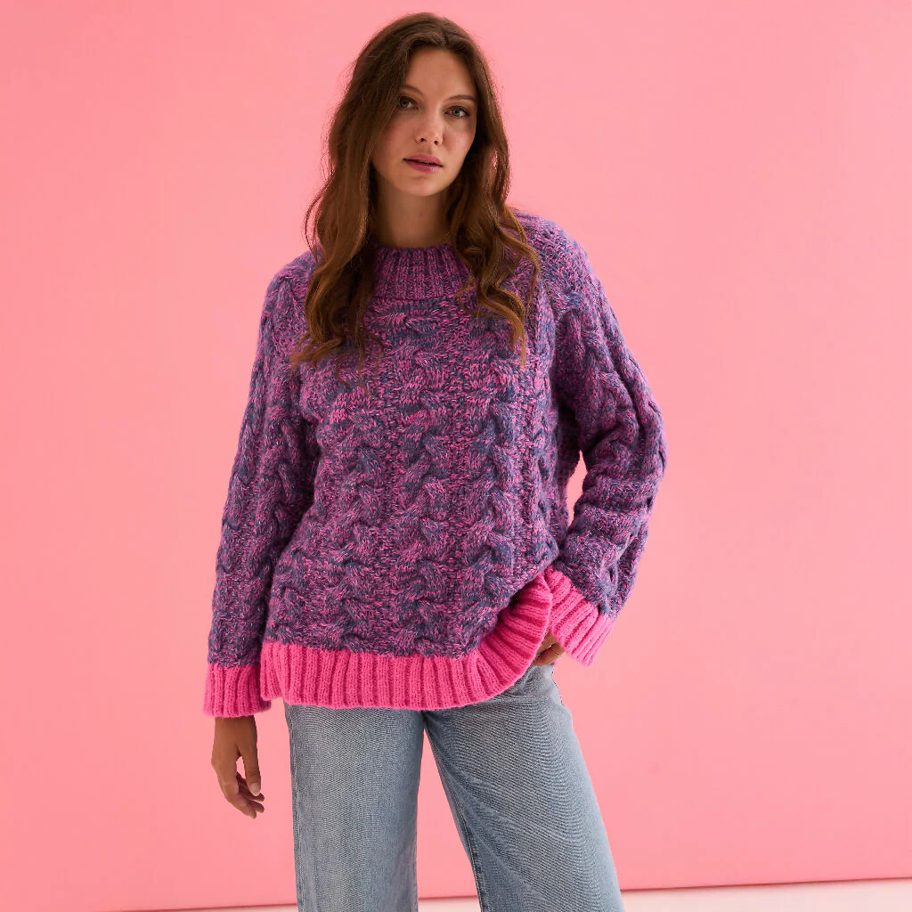 Jennie Cable High Neck Balloon Sleeve Jumper - Denim - Image 6