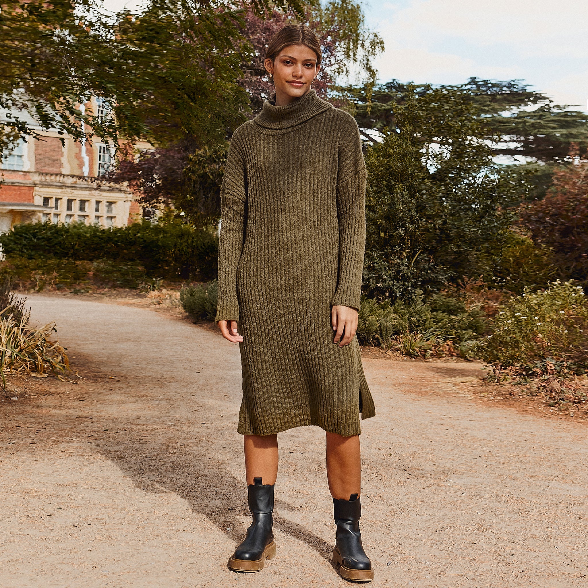 Joey Roll Neck Midi Dress - Khaki - Image 10