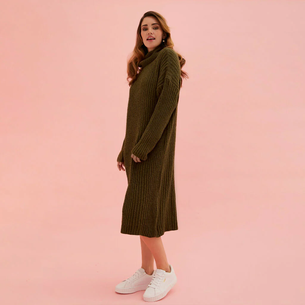 Joey Roll Neck Midi Dress - Khaki - Image 3