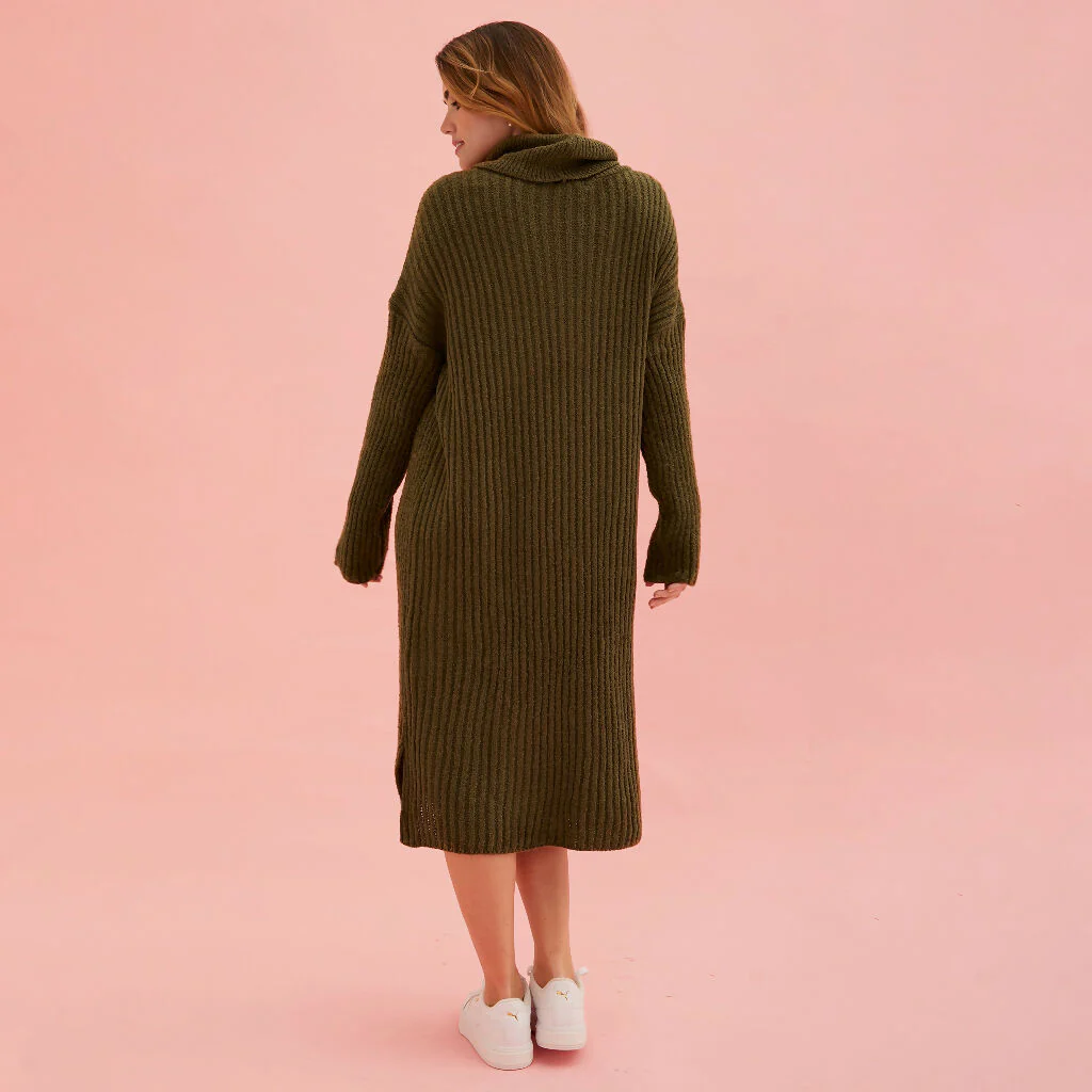 Joey Roll Neck Midi Dress - Khaki - Image 4