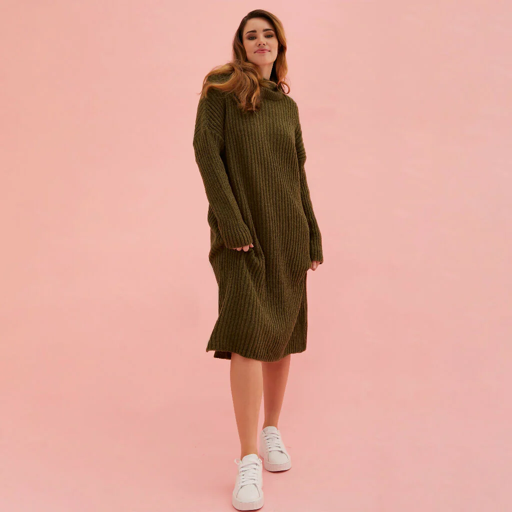 Joey Roll Neck Midi Dress - Khaki - Image 5