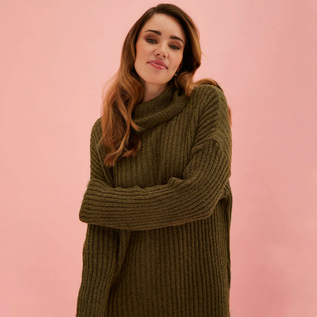 Joey Roll Neck Midi Dress - Khaki - Image 6