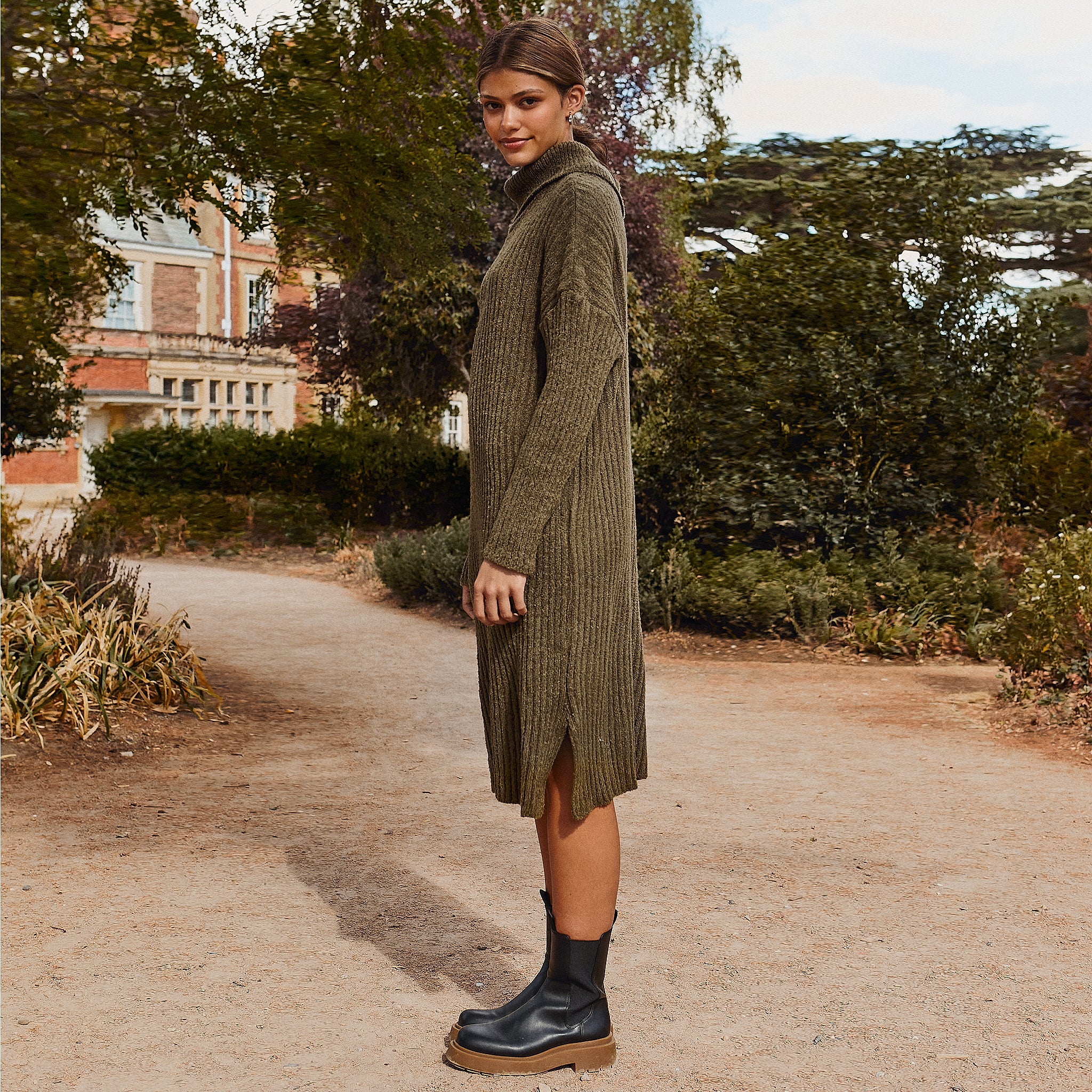 Joey Roll Neck Midi Dress - Khaki - Image 7