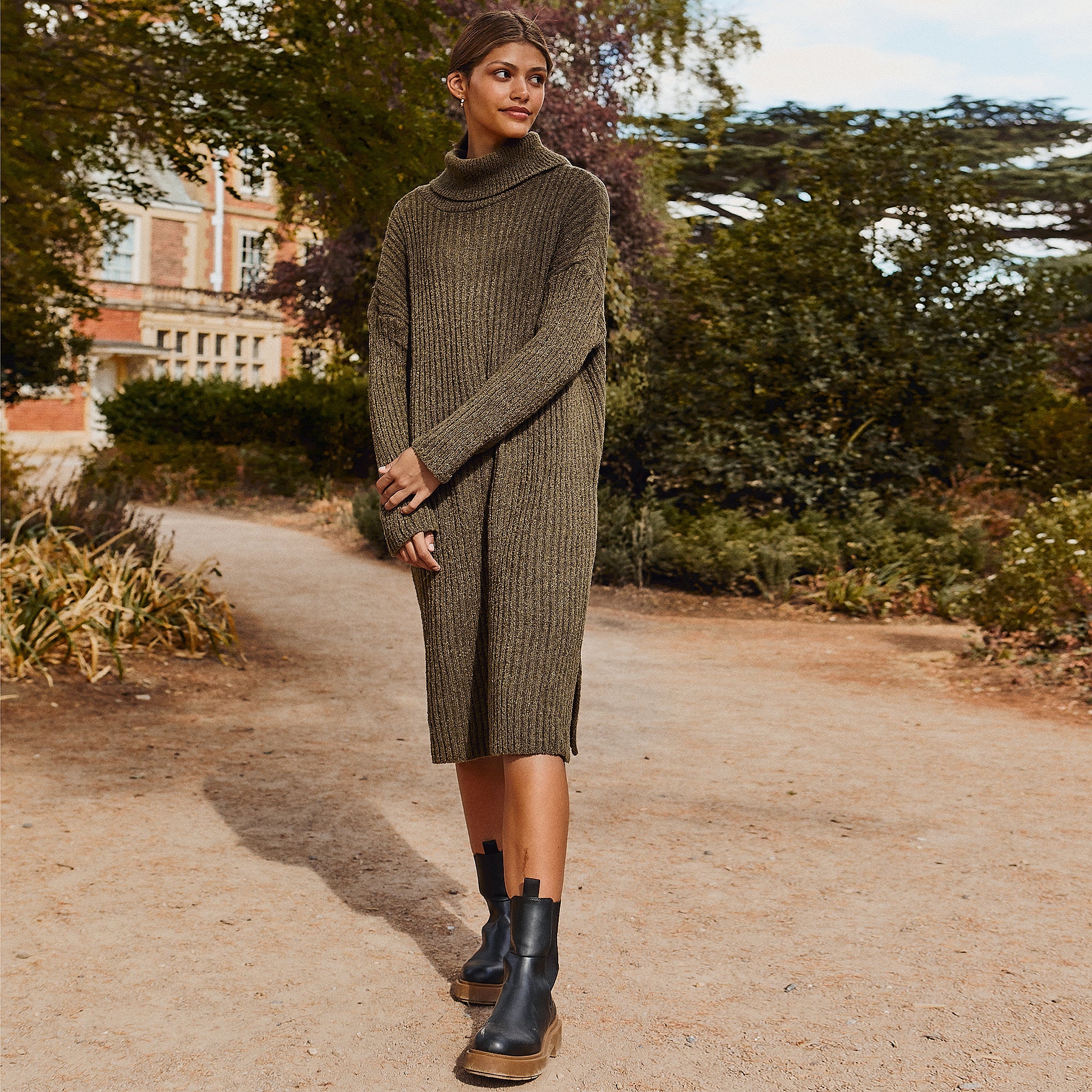 Joey Roll Neck Midi Dress - Khaki - Image 8