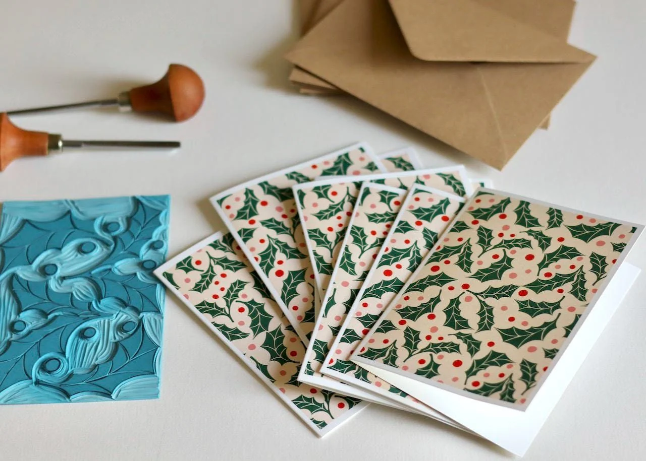 Jolly Holly Linocut Notecards - Set of 8 | Festive Cards & Envelopes