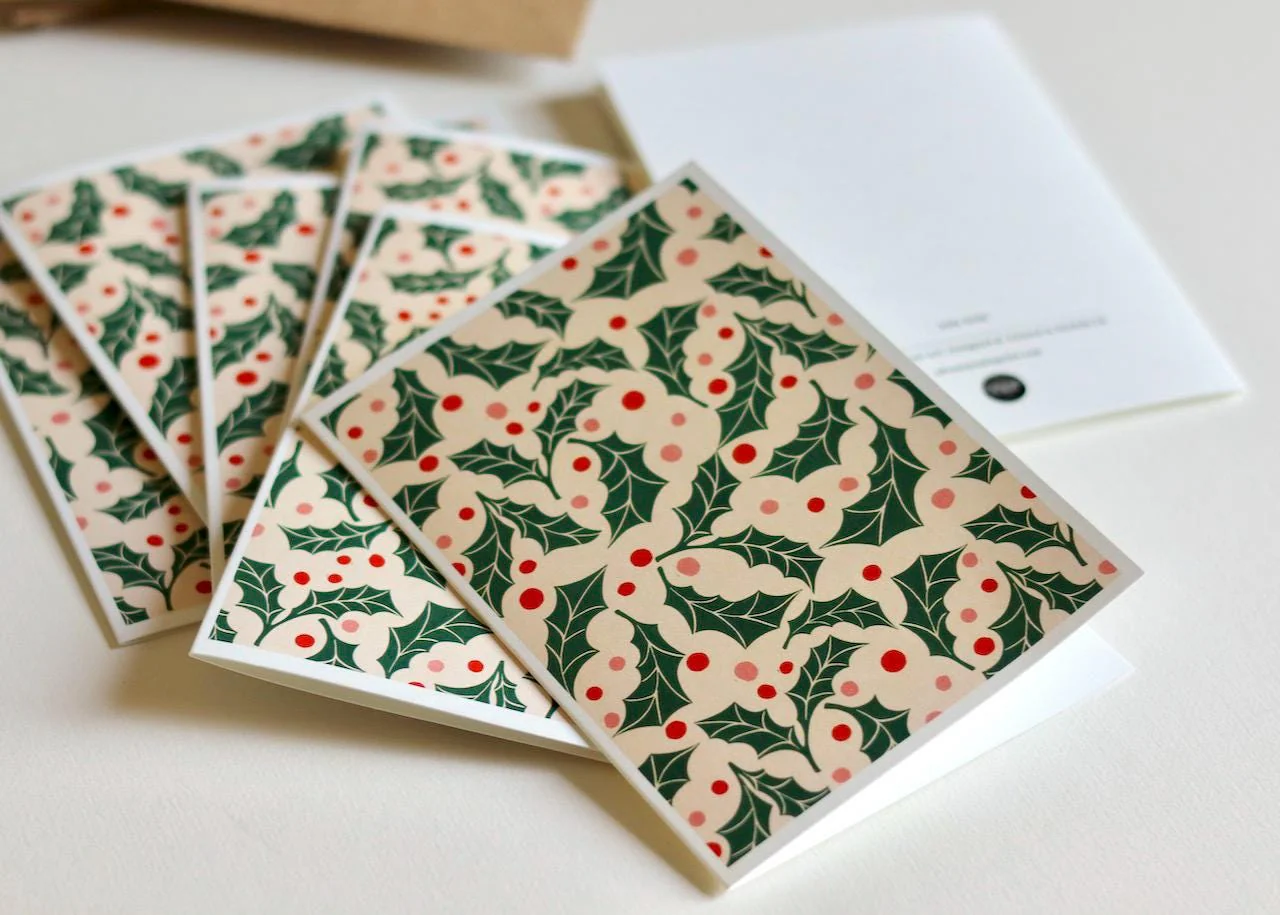 Jolly Holly Linocut Notecards - Set of 8 | Festive Cards & Envelopes - Image 2