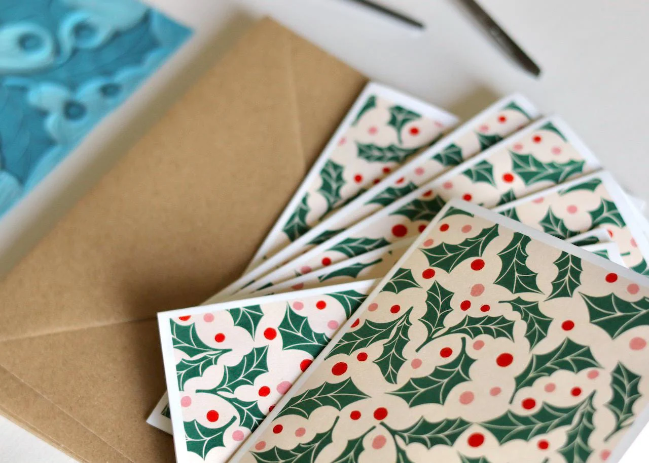 Jolly Holly Linocut Notecards - Set of 8 | Festive Cards & Envelopes - Image 3