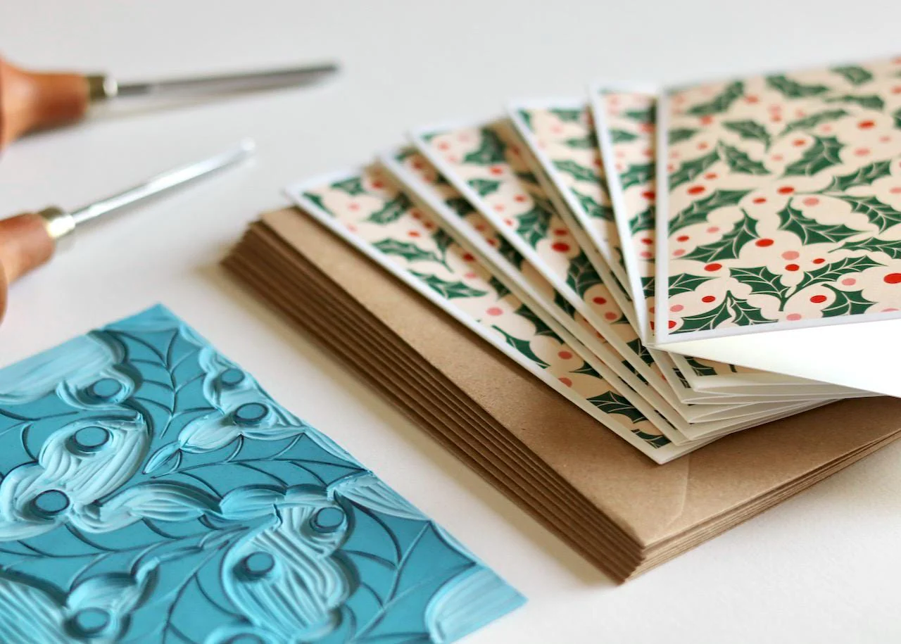 Jolly Holly Linocut Notecards - Set of 8 | Festive Cards & Envelopes - Image 4