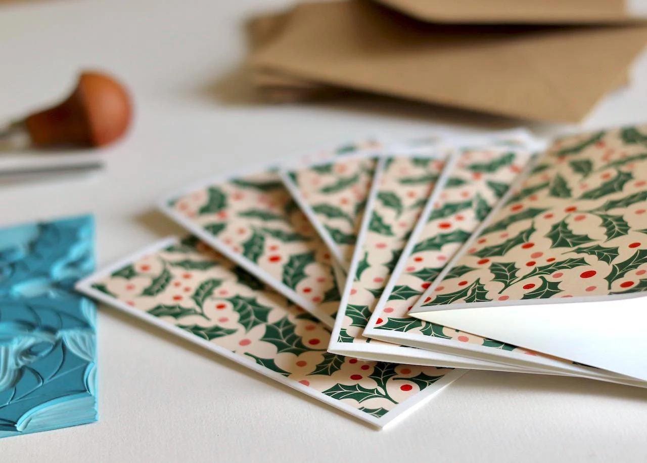 Jolly Holly Linocut Notecards - Set of 8 | Festive Cards & Envelopes - Image 5