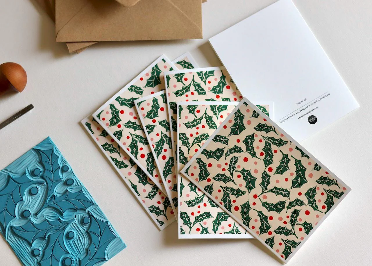 Jolly Holly Linocut Notecards - Set of 8 | Festive Cards & Envelopes - Image 6