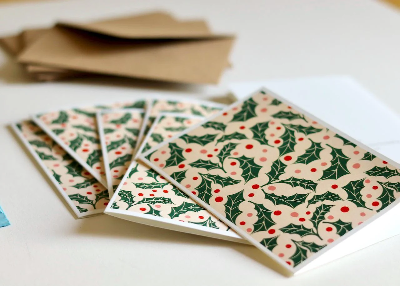 Jolly Holly Linocut Notecards - Set of 8 | Festive Cards & Envelopes - Image 7
