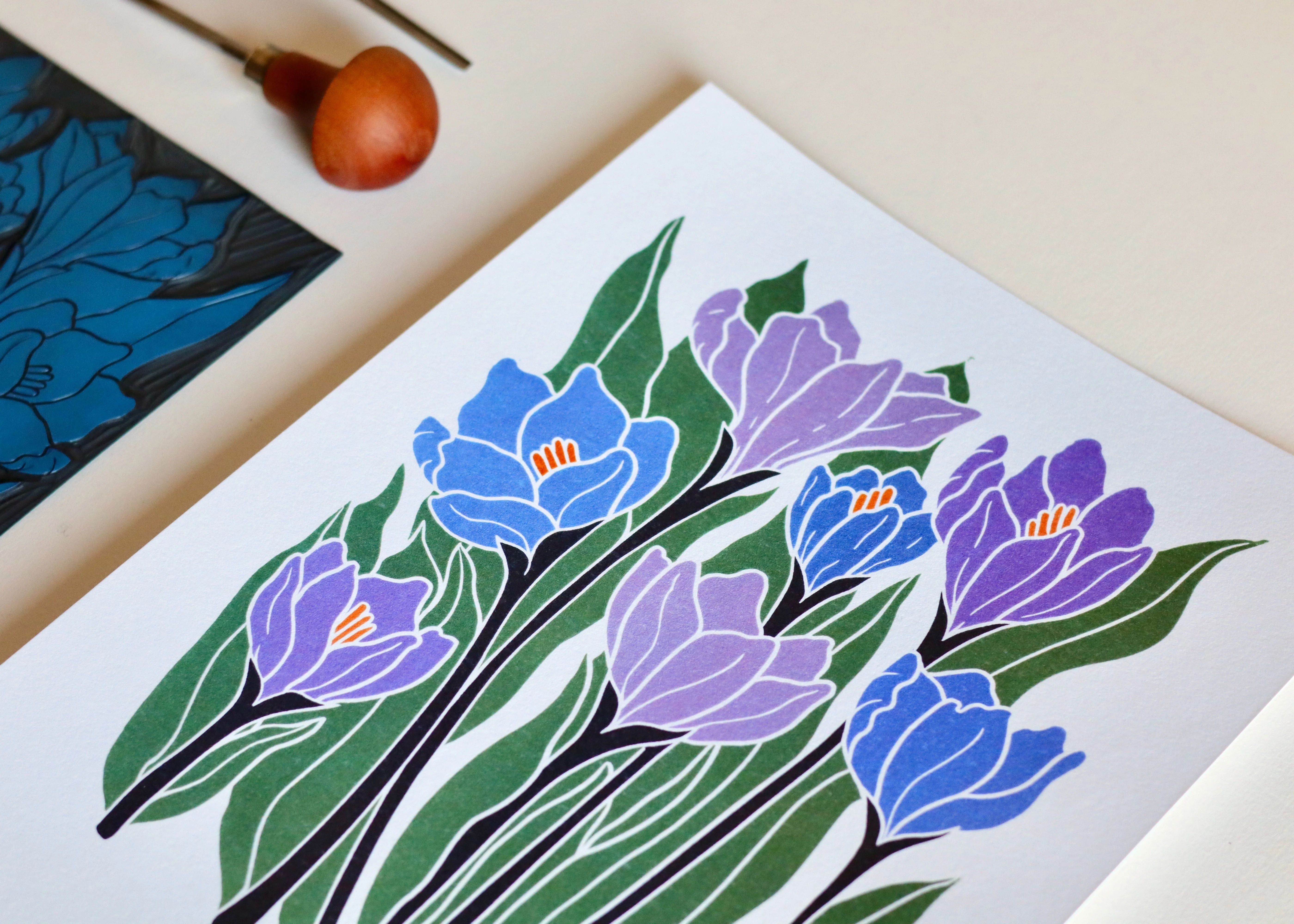 Joy Bloom Crocus Flowers Linocut | A5 or A4 Art Print on Cotton Paper - Image 3