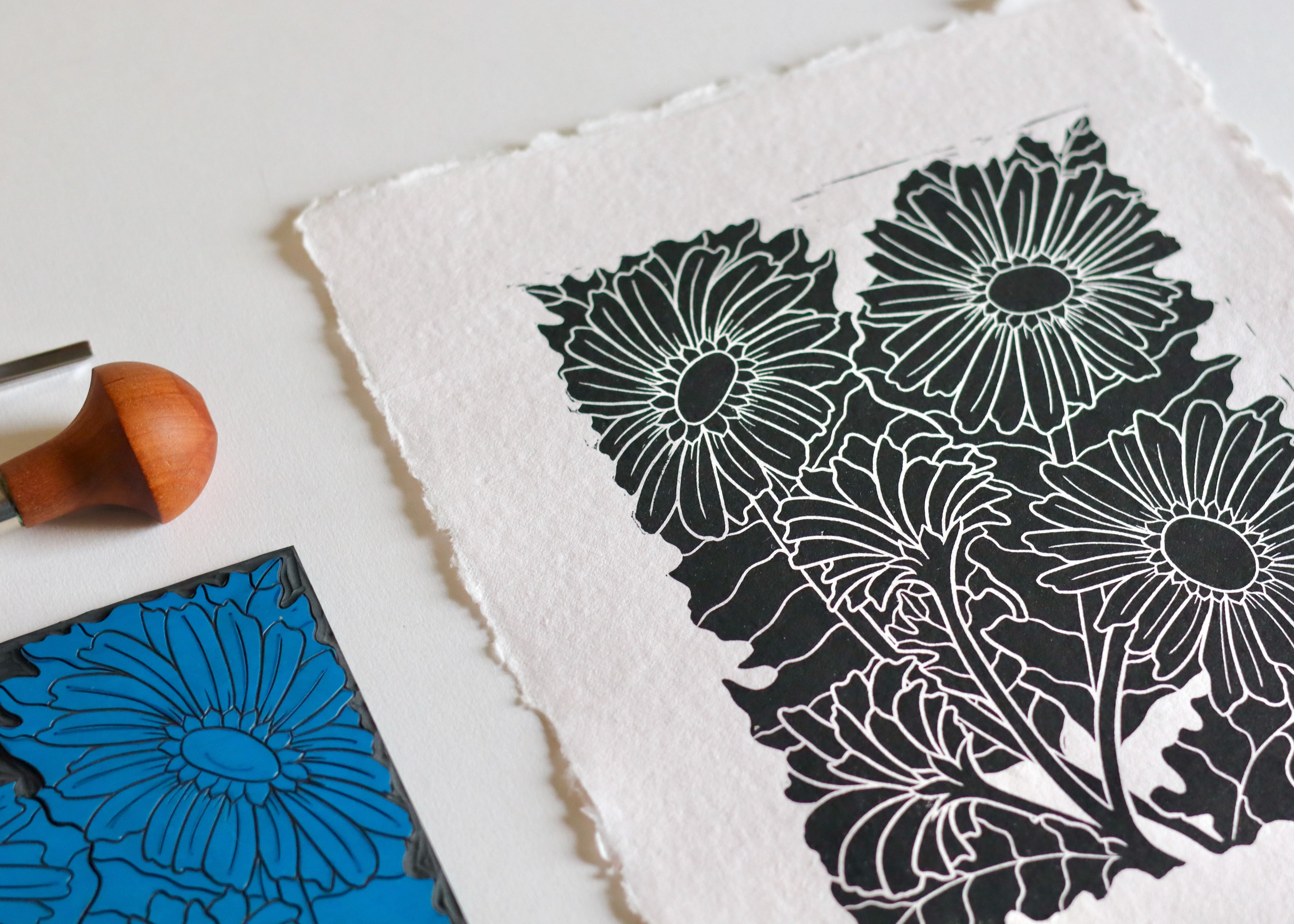 Joy Bloom Gerbera Daisies Linocut | Hand printed on A4 Cotton Rag Paper - Image 2