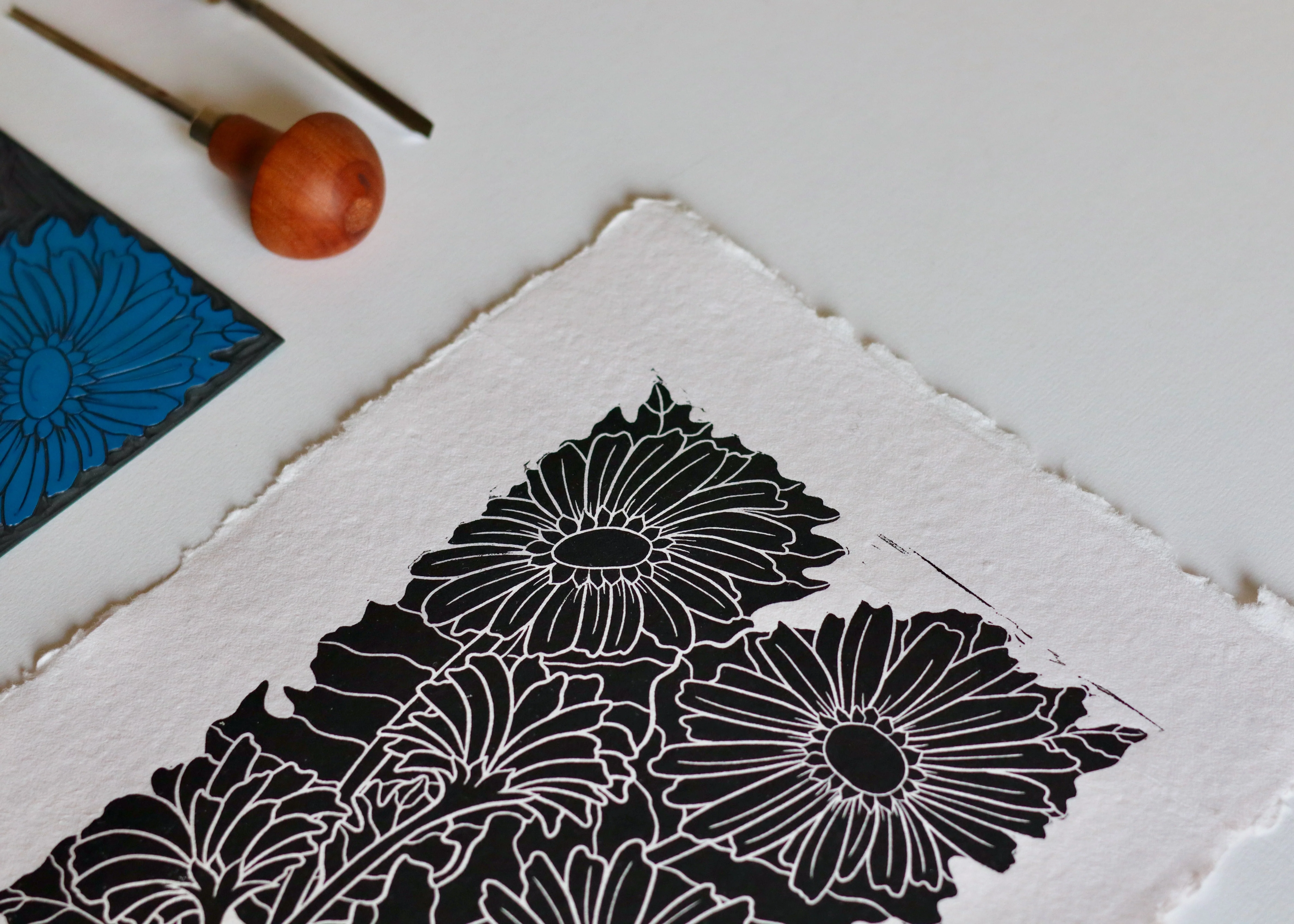 Joy Bloom Gerbera Daisies Linocut | Hand printed on A4 Cotton Rag Paper - Image 3