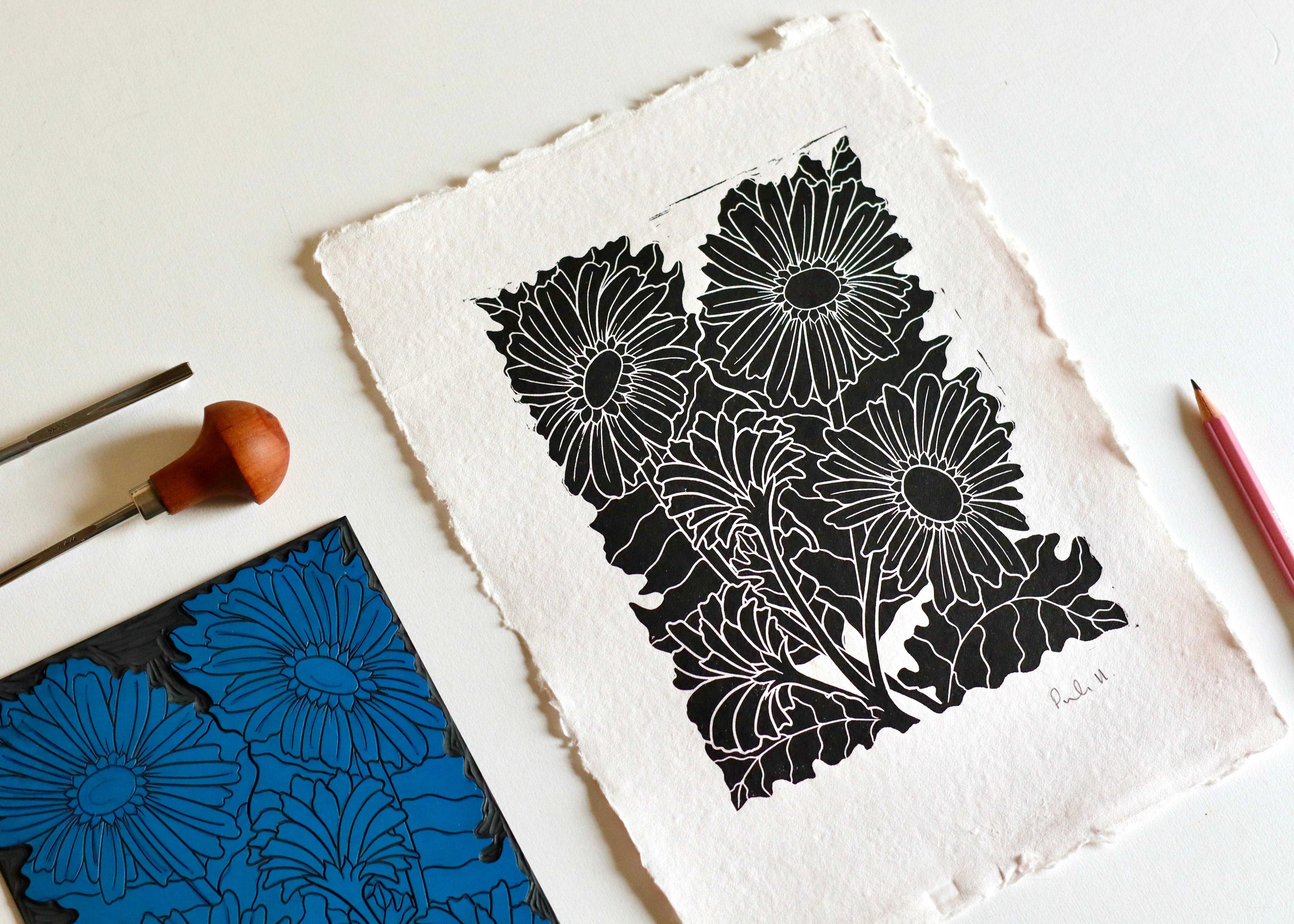 Joy Bloom Gerbera Daisies Linocut | Hand printed on A4 Cotton Rag Paper - Image 4